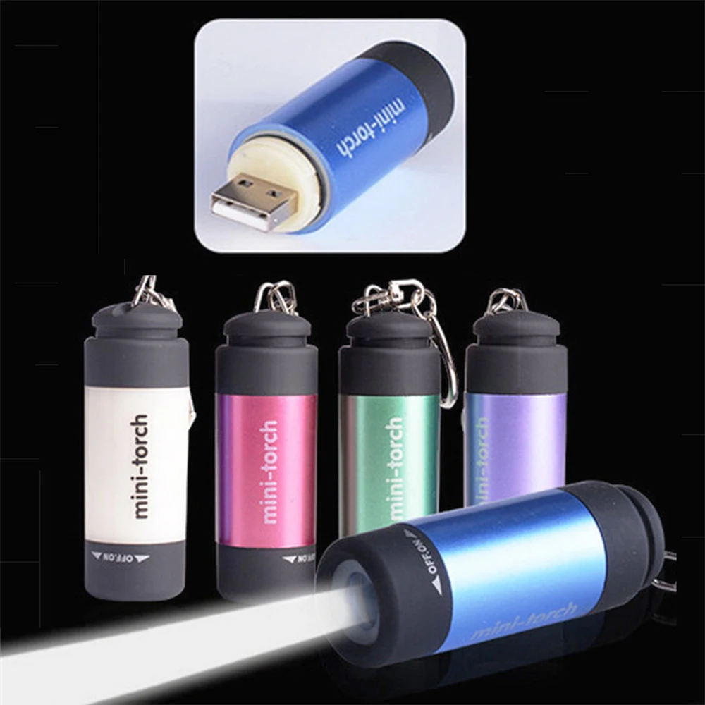 100pcs/lot Mini Waterproof Keychain Flashlight USB Rechargeable Ultra