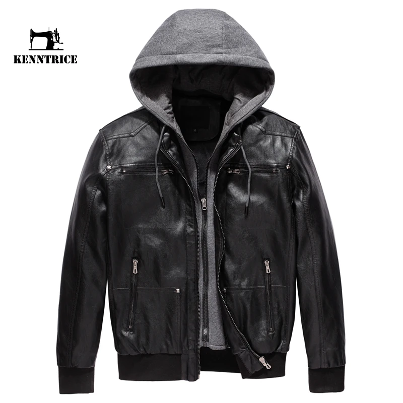 

KENNTRICE Leather Jacket Male Motorcycle Jacket Polar Fleece HOOD Detachable PU Faux Leather Jacket Men Biker Jacket