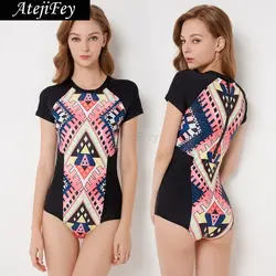 С геометрическим принтом для девочек консервативная купальники Рубашка с короткими рукавами бикини пляж Ванна костюм Для женщин купальник