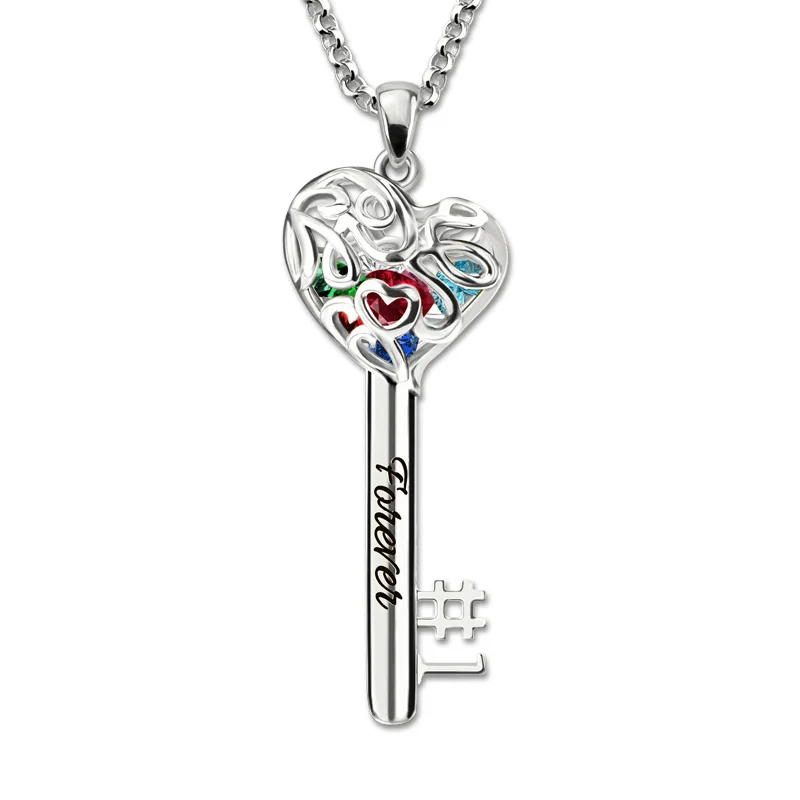 No 1 MOM Heart Cage Key Necklace With Birthstones White Gold Color Necklace Women Fashion Jewelry