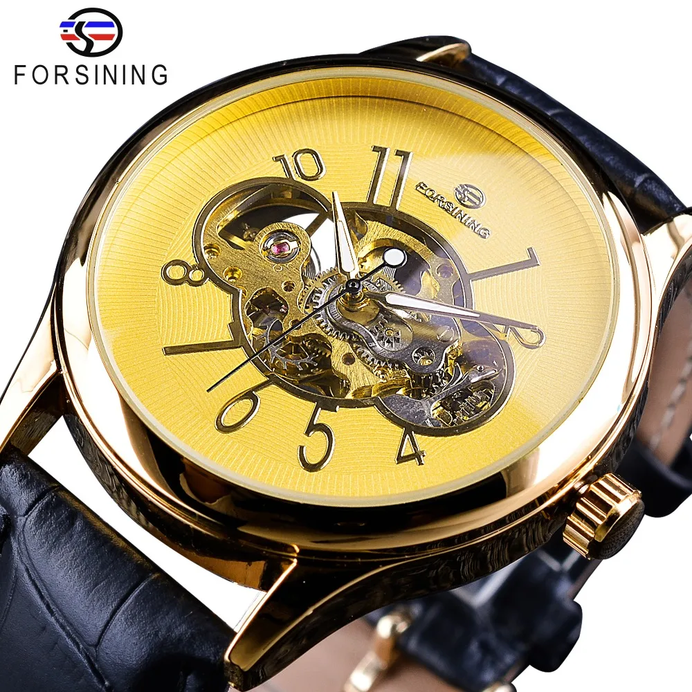 

Forsining Classic Royal Skeleton Design Golden Case Transparent Open Work Men Clock Watch Top Brand Luxury Mechanical Wristwatch