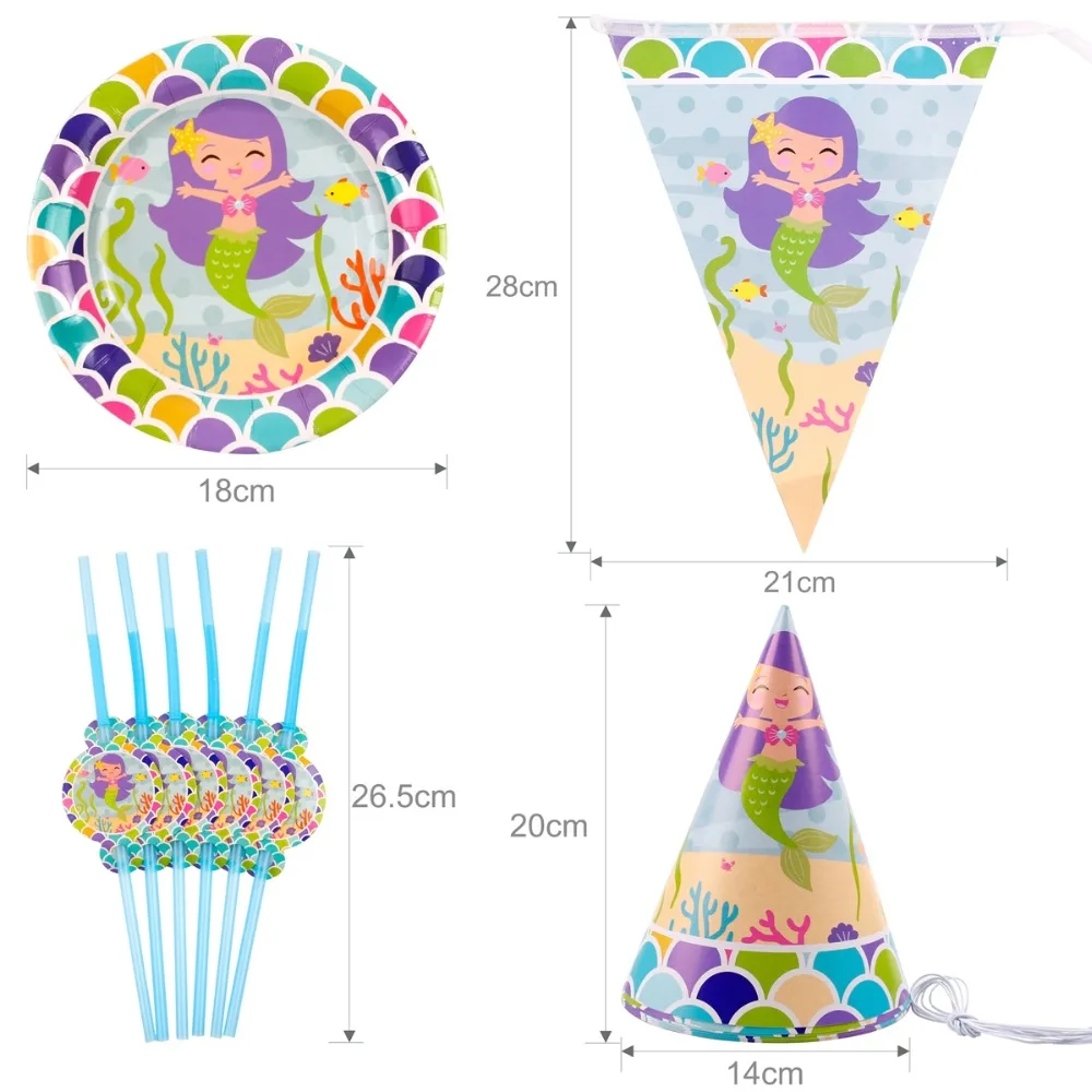 FENGRISE Tableware Set Mermaid Party Supplies Tableware For Kids Happy Birthday Party Mermaid Theme Banner Cups Paper Plates str