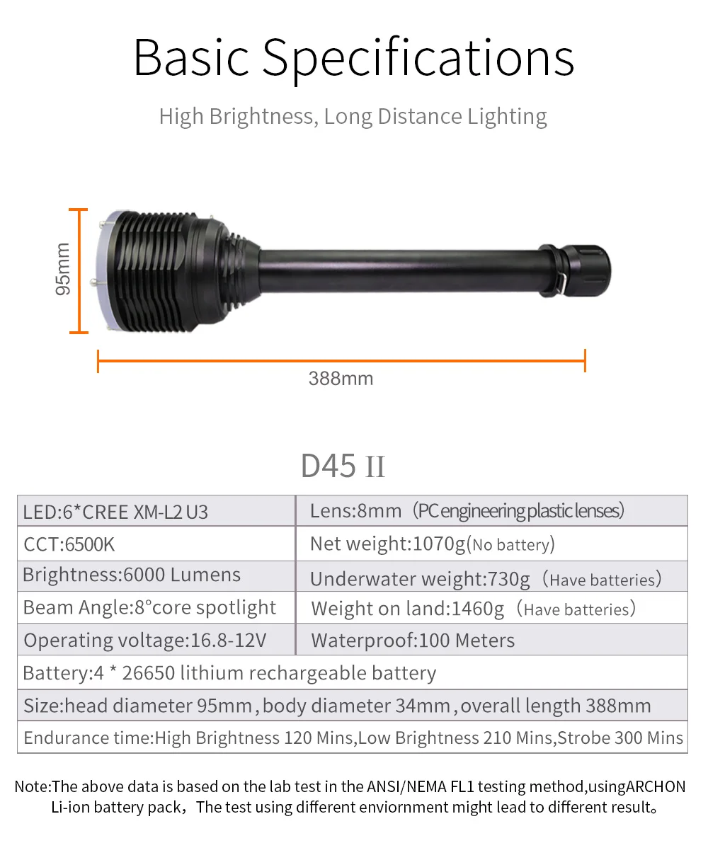 ARCHON D45 II D45-II Дайвинг фонарик 6000LM 6* CREE XML2 светодиодный подводный свет 60 Вт 26650 Батарея Профессиональный Diver Погружения свет