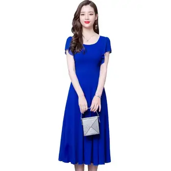 

Womens Dresses summer 2019 Short sleeve A-Line Sweet Solid color Chiffon O-neck Dress fashion Slim Bohemian Beach long Dress