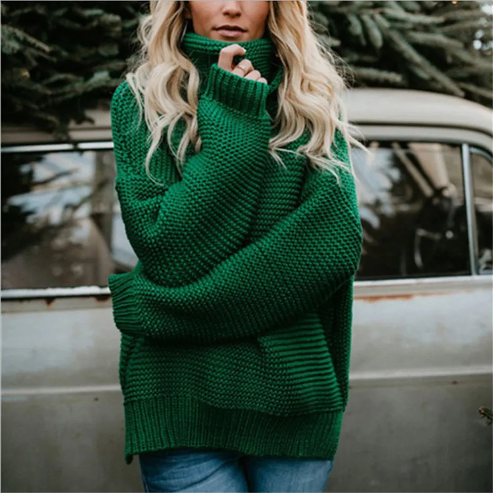 Winter Women's Sweater Fashion Casual Solid Color Turtleneck Warm Retro Loose Long-sleeved Knit Pullover Oversized Sweaters 2019