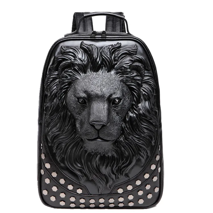 Мужской мягкий кожаный рюкзак с заклепками и головой льва|backpack women pu leather|men
