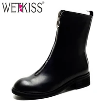 WETKISS New Arrival Concise Front Zip Riding Boots Woman Natural Leather Ankle Boots Autumn 2017 Square Heel Female Footwear