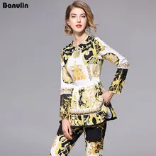 Fashion Runway Designer Suit Set Women's Long Sleeve Retro Pattern Print Pleated Hem Split Pullover Top Pants Set 2 Piece Sets Fashion Runway Designer Suit Set Women's Long Sleeve Retro Pattern Print Pleated Hem Split Pullover Top Pants Set 2 Piece Sets