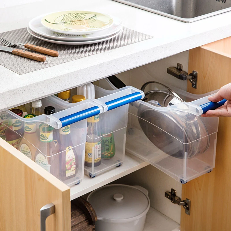 Transparent plastic storage box pulley kitchen finishing box large toy box storage basket