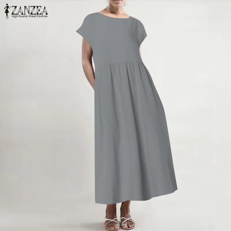 Летнее льняное платье, кафтан, женский сарафан, ZANZEA, повседневное, короткий рукав, Vestidos, тонкое, винтажное, женское, плиссированное платье, негабаритный - Цвет: Short Sleeve Gray