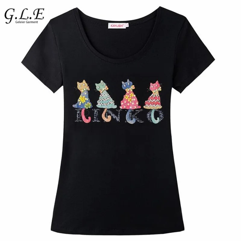 2018 Summer Women's Cotton T-shirt Four Cats Diamond Sequins handmade beaded Slim Tshirt Female Tops Casual woman t shirt Tops