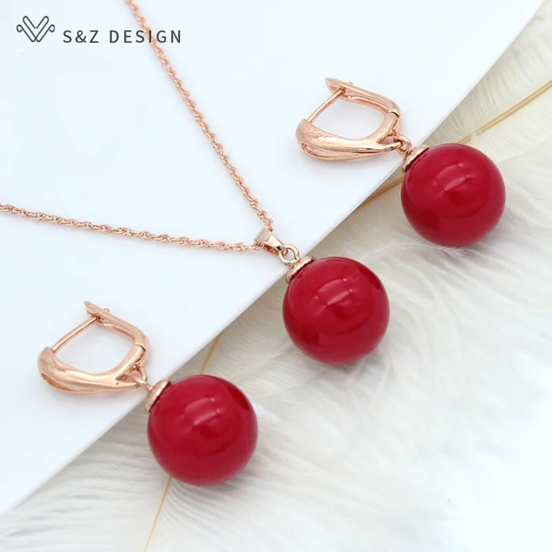S&Z DESIGN New Trendy Round Imitation Pearl Dangle Earrings Jewelry Sets For Women Wedding 585 Rose Gold Color Pendant Necklace
