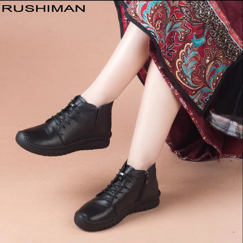 

RUSHIMAN Genuine Leather Women Boots 2018 Autumn Winter New Fashion Ankle Boots Comfortable Handmade lace-up Casual Flat Shoes