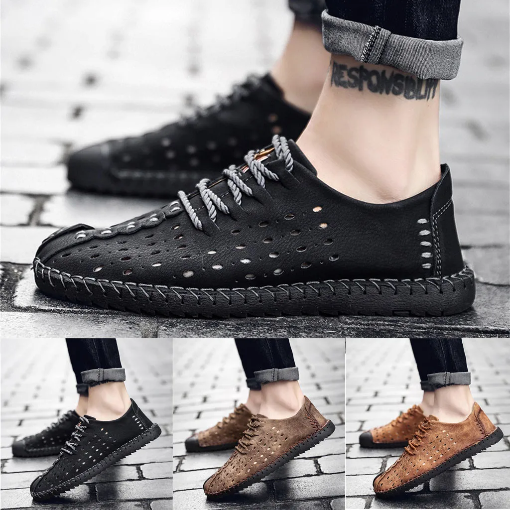 

Men's Summer Fashion Breathable Leather Shoes Hollow Casual Lace-Up Shoes dropshipping