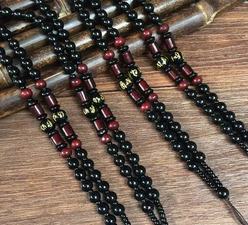 

yy809 >>>> Fine black onyx beads rope six MANTRA Pendant lanyard sweater chain