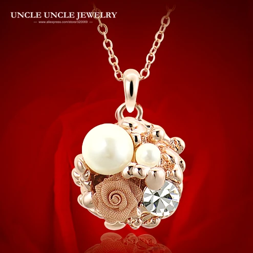 

Rose Gold Color Clear Zirconia Simulated Pearl Studded Rose Flower Garden Elements Women Pendant Necklace Wholesale Gifts