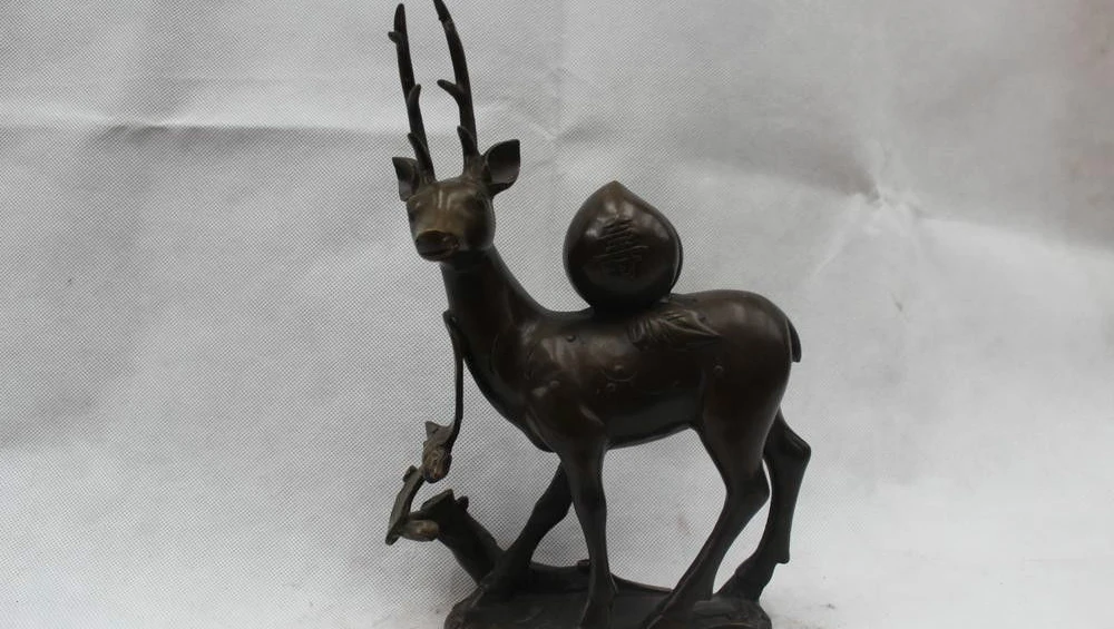 

11"Lucky Chinese Feng Shui Bronze Lifelike longevity Deer Peach Statue Sculpture
