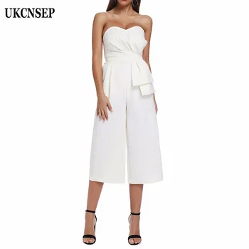 

UKCNSEP 2020 White Sexy Strapless Women Jumpsuit Sleeveless Ruffle Celebrity Club Party Jumpsuit Bodyocn Elegant Jumpsuit