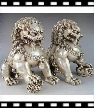 

Rare Chinese Silver Guardian Lion Foo Fu Dog Statue Pair 12cm High