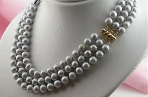 

Free Shipping >>3 ROW AAA 9-10MM tahitian silver gray PEARL NECKLACE 14K gold clasp