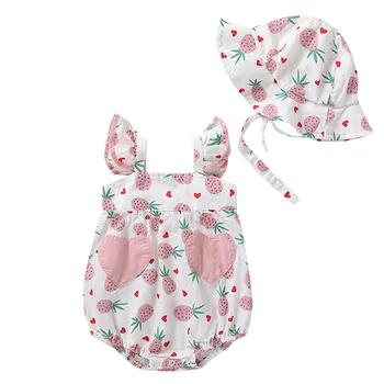

Cute Straps Strawberry Print Romper 2pcs Baby Girls Jumpsuit Romper+Sunsuit Hat 0-24M Age Toddler Newborn Outfits Set Hot Sale