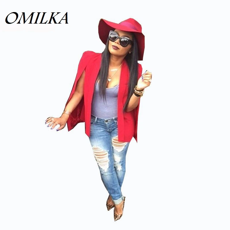 

OMILKA Veste Blazer Femme 2017 Women Red Cape Blazer Fashion Long Sleeve Bomber Jacket Women Split Pockets Cape Blazer Workwear