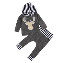 2016 Fashion Newborn Baby Boys Girls Warm Long Sleeve Deer Striped Hooded T shirt Long Patchwork