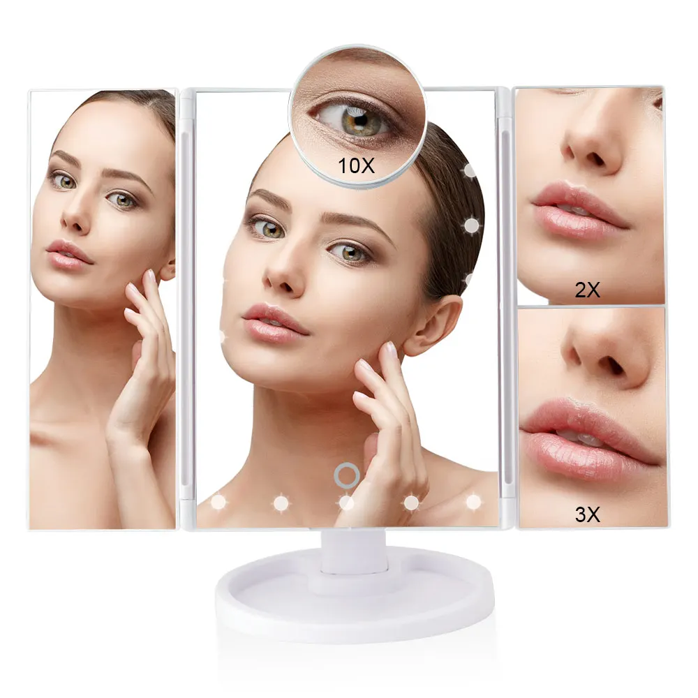 

Touch Screen Makeup Mirror with 22 LED Light 1X/2X/3X/10X Magnifying Glass 3 Folding Flexible Vanity Mirrors Compact Mirror Make