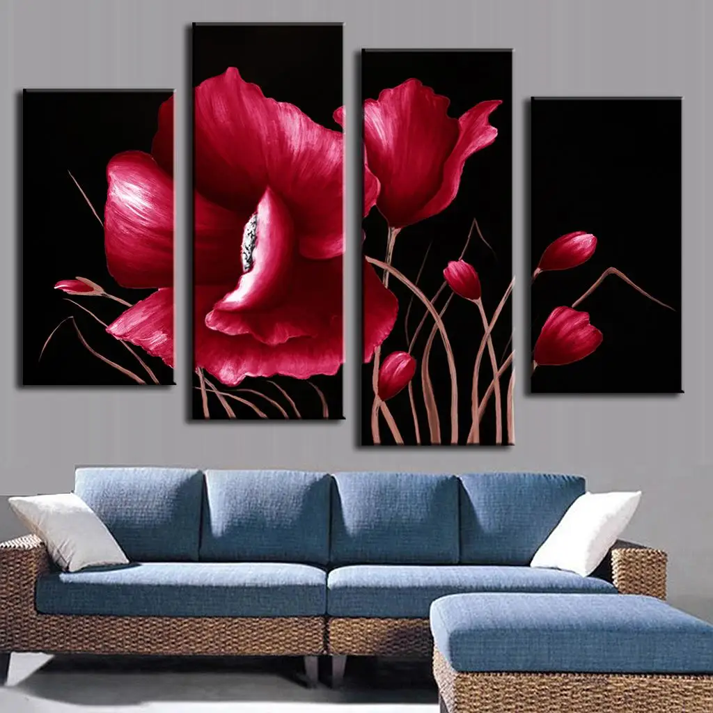 4 Pcs/Set Abstract Oil Painting Combined Paintings Red Flower Op On