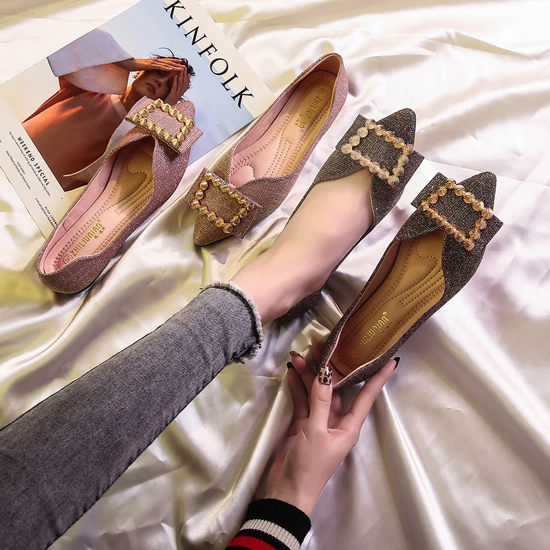 

Sequined Cloth 2019 Pointed Toe fashion Crystal Bling Ballet Flats Fabric Shallow PU Boat Shoes Slip-On new Lace-Up Casual TPR