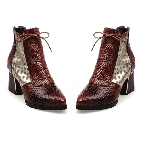 Модные ботильоны полусапожки на Высоком толстом каблуке со змеиным принтом и перекрестной шнуровкой осенние ботинки с острым носком зимняя женская обувь botas muje - Цвет: brown