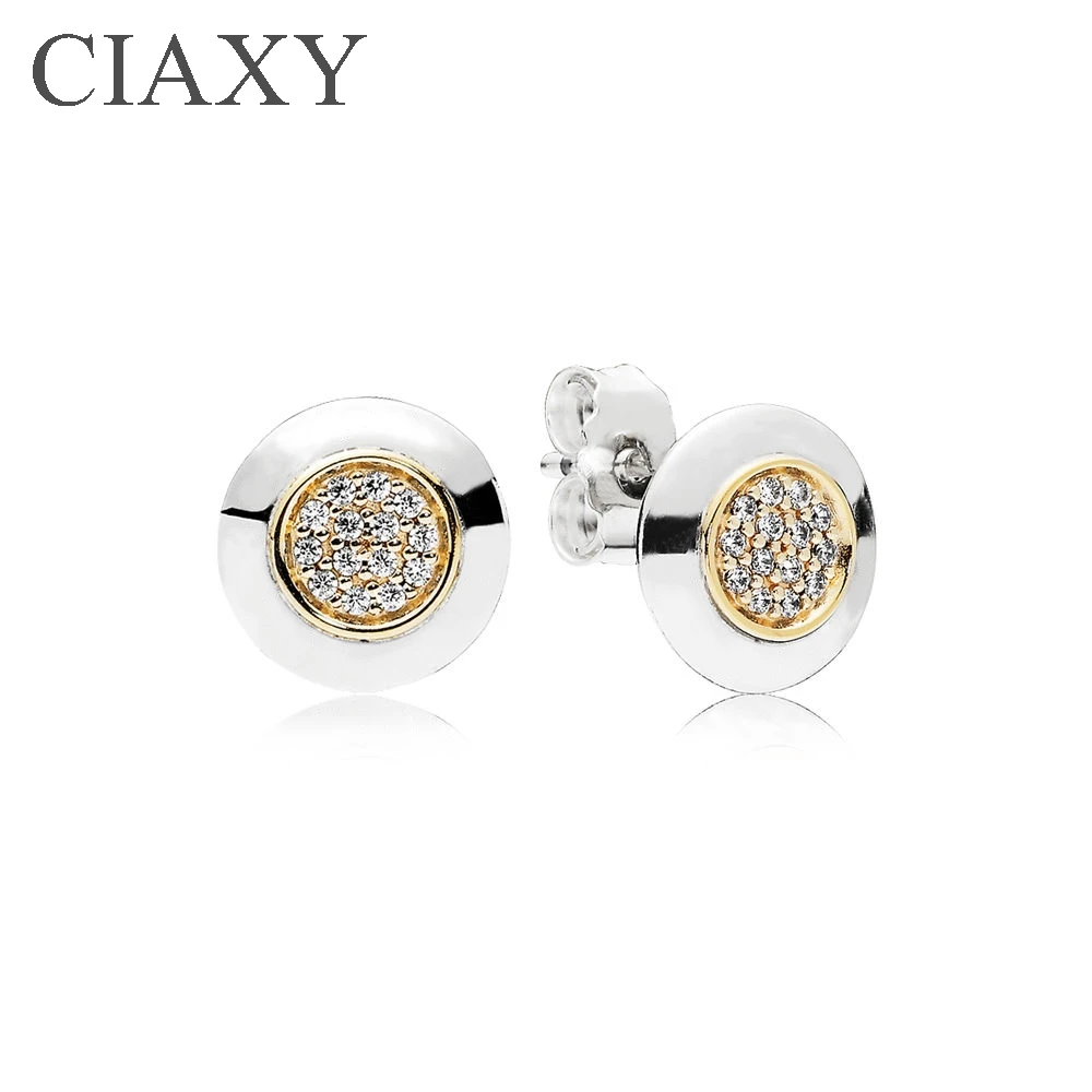Pandora Signature Gold Stud Earrings with Clear CZ Original 925 Sterling Silver Earrings For