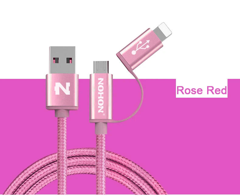 NOHON 2 в 1 Micro USB кабель 8pin USB кабель для зарядного устройства для iPhone 8 7 6 6S Plus 5S iOS 10 9 samsung LG htc Кабели USB для мобильных телефонов - Цвет: Rose Red