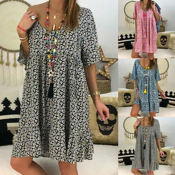 

Women Printed Loose Short-sleeved Dress Boho Floral Casual Dress Summer Loose Beach Sundress TY53