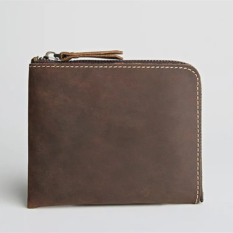 

Vintage Crazy Horse Genuine Leather Men Wallet Zipper around Small Short Slim Wallets Male Purse Card Holder Coin Pocket