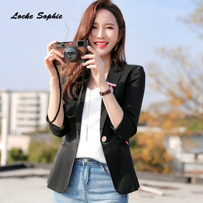 1pcs Women's Plus size Blazers coats 2019 Summer cotton blend Splicing stripe Small Suits jackets ladies Skinny Blazers Suits