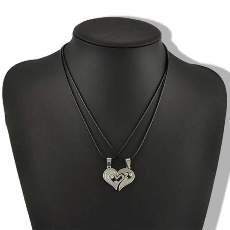 Одна пара ожерелье для пар "I Love You" подарок на день Святого Валентина Стразы в форме сердца подвеска для влюбленных кожаное ожерелье на цепочке