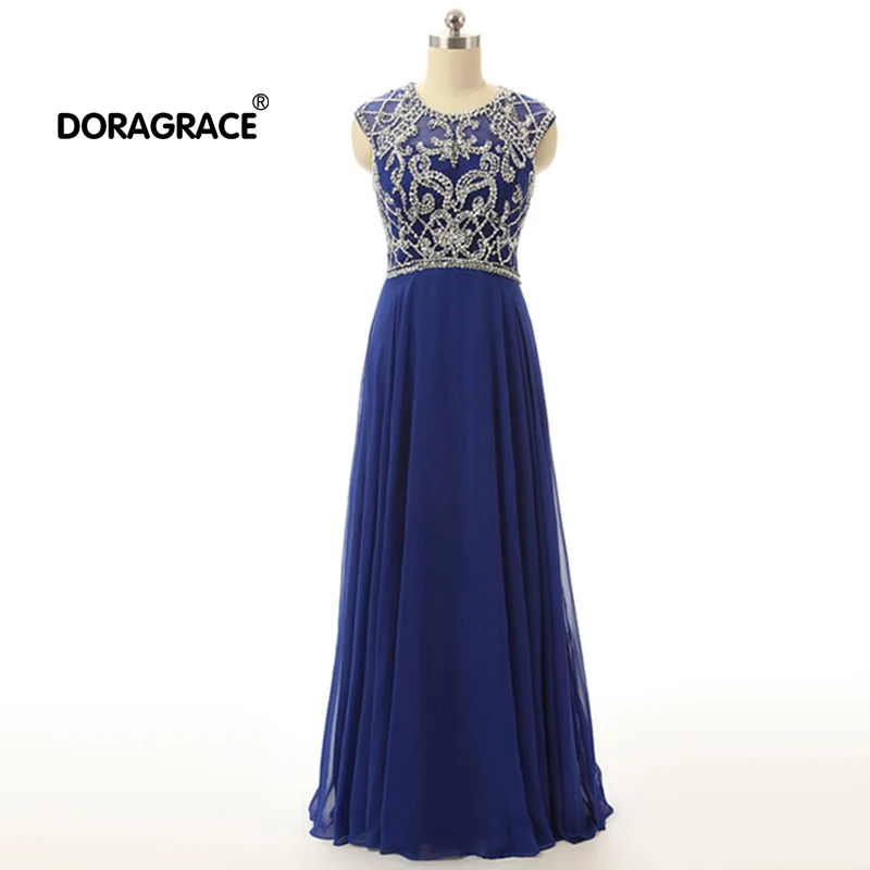 

Doragrace robe de soiree A-Line Sleeveless Open Back Prom Dresses Chiffon Long Evening Dresses Royal Blue