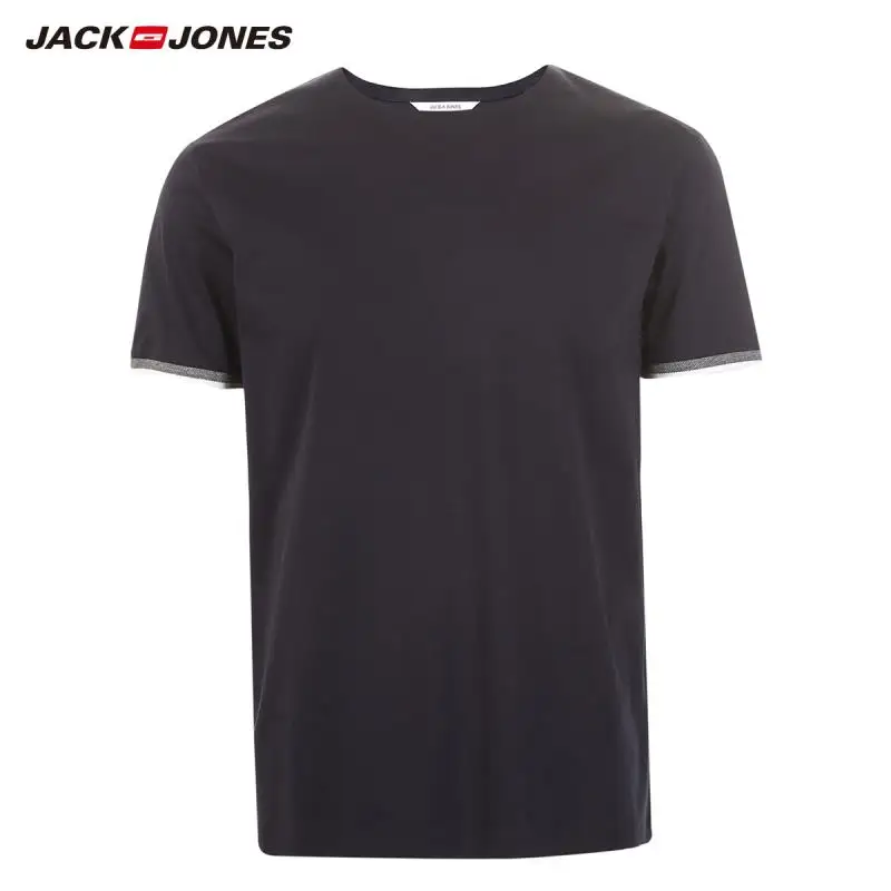 JackJones Мужская хлопковая контрастная Однотонная футболка с круглым вырезом и короткими рукавами | 219201509