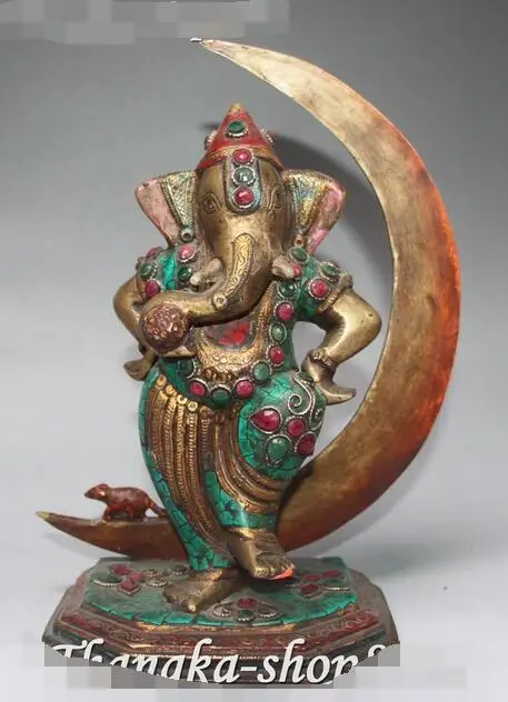 

10" Old Tibet Turquoise Coral Bronze Ganapati Mammon Elephant God Buddha Statue