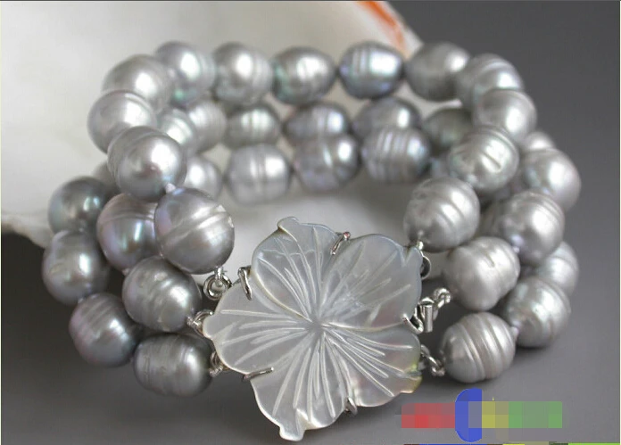 

3row 8" 13mm rice gray Freshwater cultured pearl bracelet p2876 @^Noble style Natural Fine jewe SHIPPING 5.25