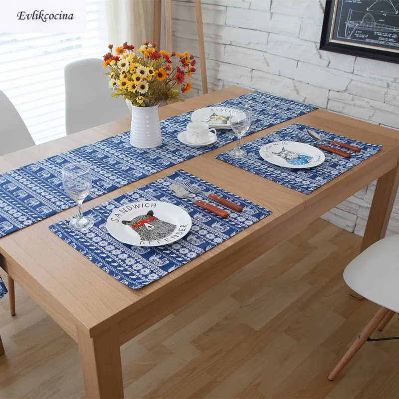

Free Shipping 4 Piece/Lot Elephants Blue Cotton Line Tablecloth Placemats Insulation Pad Plain Coasters Table Mat Napkin