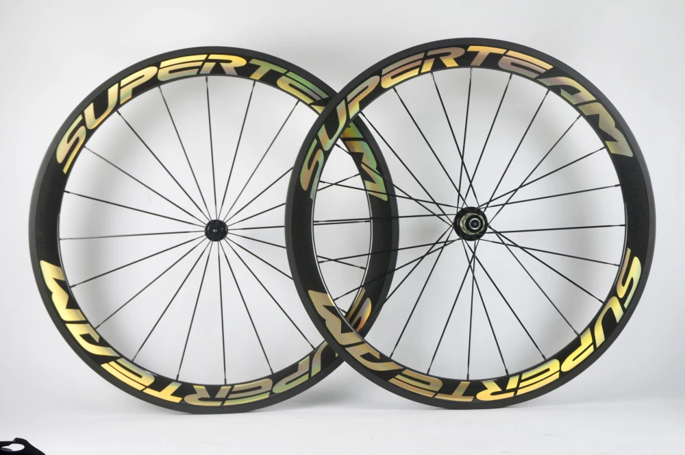 

Superteam 700c carbon clincher wheels 50mm 700c wheelset 23mm Gold Decal