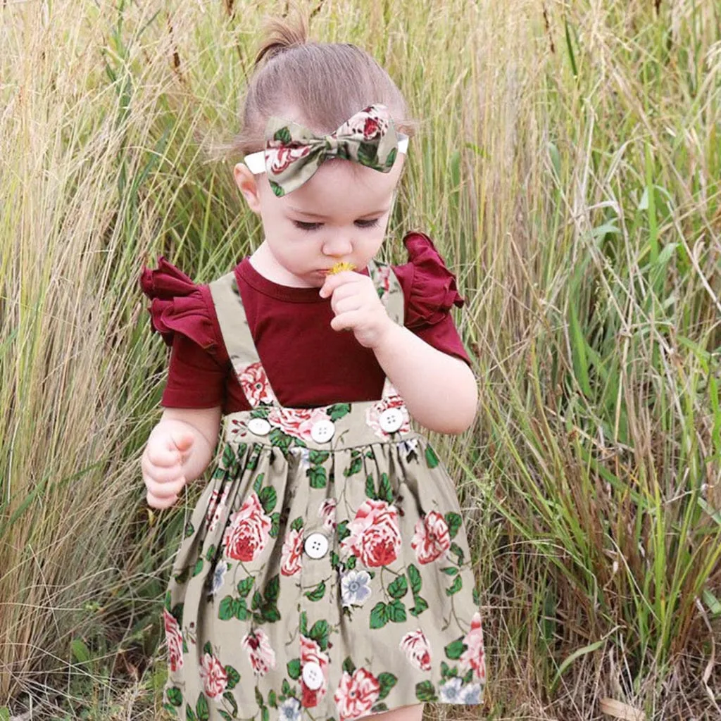 Toddler Girl Clothes 3Pcs Baby Toddler Girls Kids Overalls Skirt +Headband+Romper Clothes Outfits Baby Girl Summer Clothes