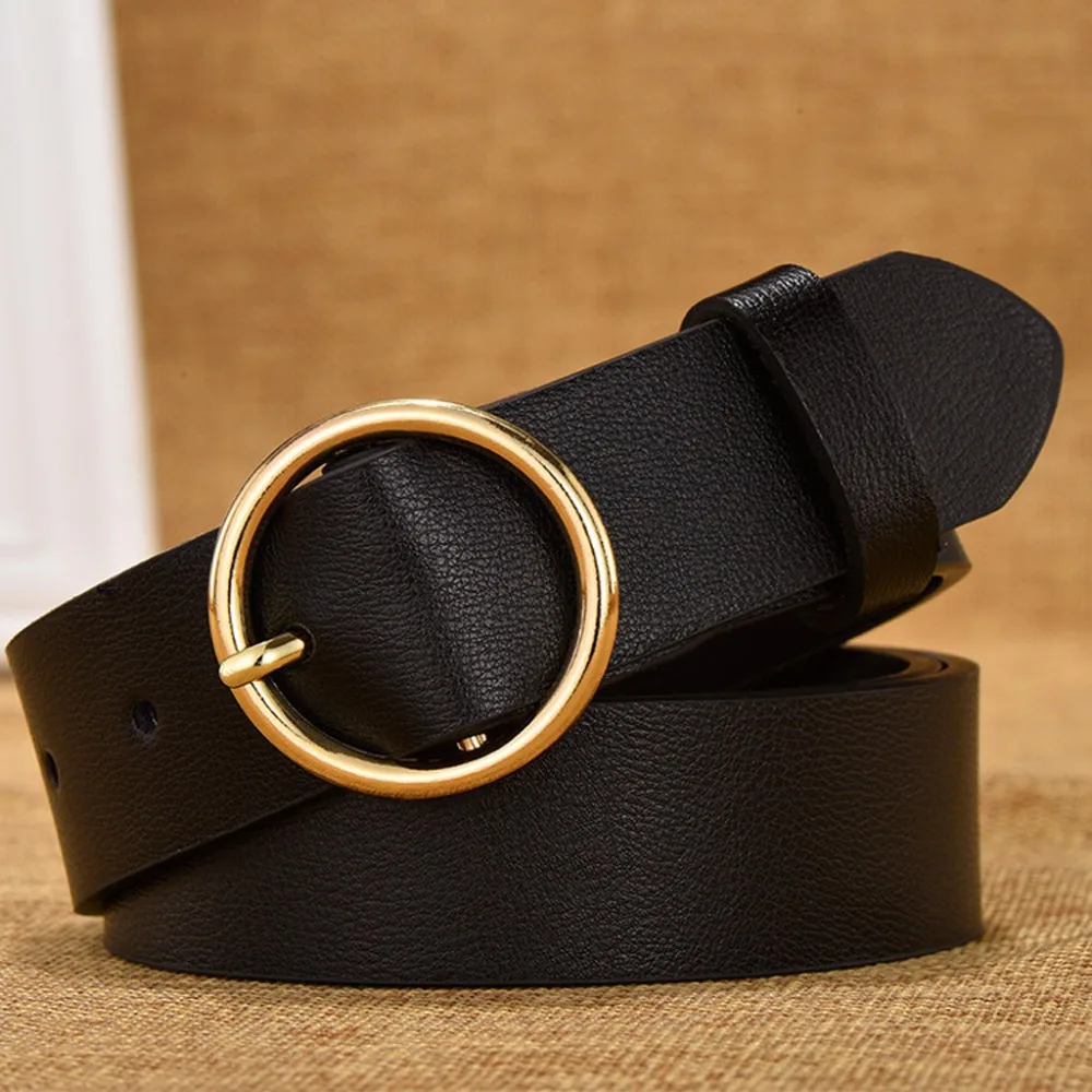 Women PU round buckle belt Fashion Lady Vintage Faux Leather Belt