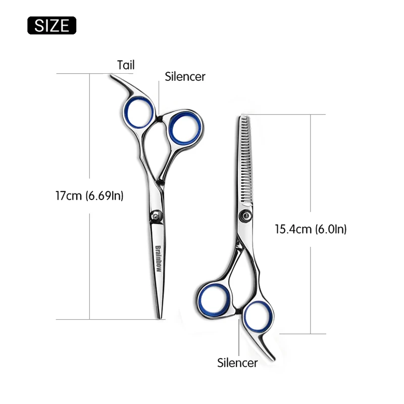 Brainbow 6 inch Cutting Thinning  Styling Tool Hair Scissors Stainless Steel Salon Hairdressing Shears Regular Flat Teeth Blades