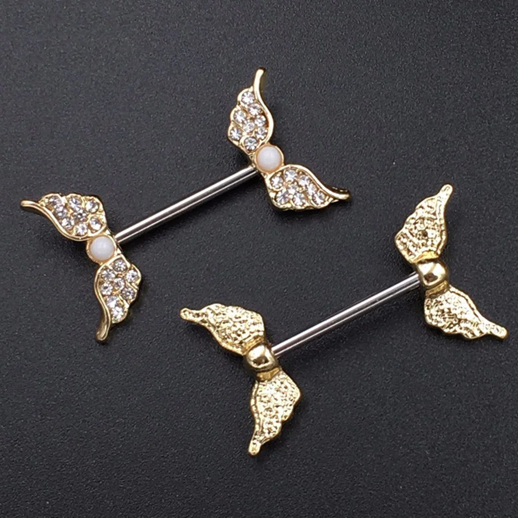 1 Pair Crystal Pearl Beads Angel Wing Shield Barbell Nipple Ring Stainless Steel Body Piercing 14 Gauge