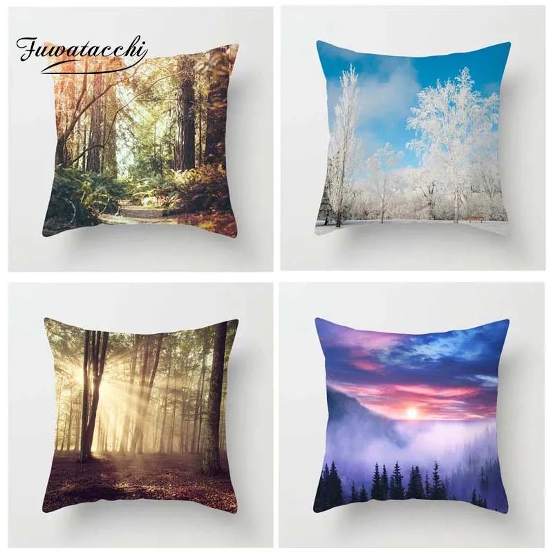 

Fuwatacchi Forest Scenic Style Cushion Cover Cherry Snow Tree Fog Printed Pillow Cover Decorative Pillows For Sofa Car Bedroom