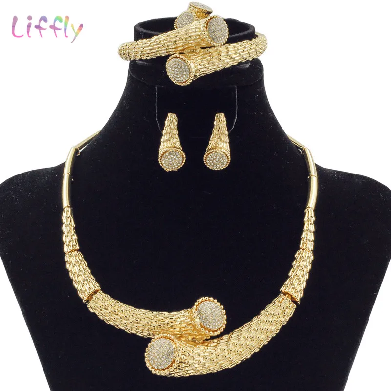 

Liffly Fashion Dubai Jewelry Sets Crystal Design African Bridal Jewelry Sets for Women Wedding Gold Bead Necklace Earrings Set