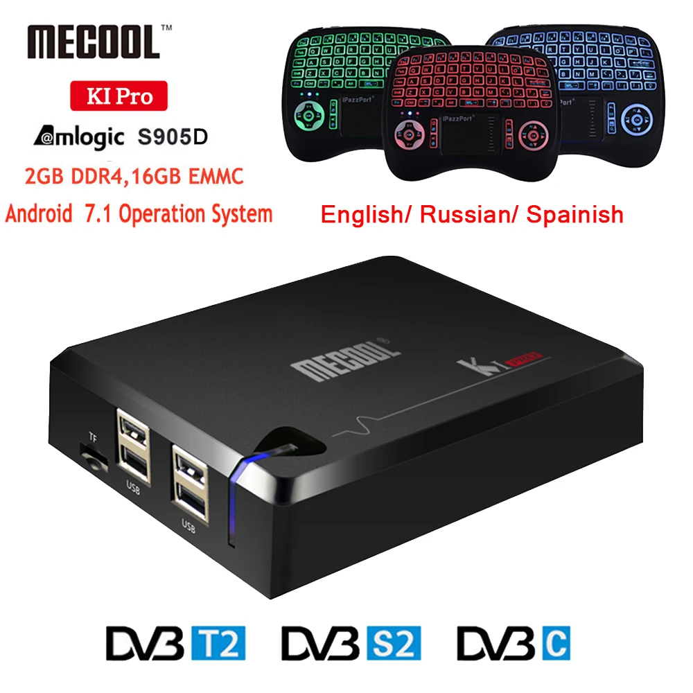 MECOOL KI PRO DVB Android 7,1 Smart tv Box Гибридный DVB-T2/DVB-S2/DVB-C Amlogic S905D Quad 2 Гб+ 16 Гб K1 PRO 5G wifi телеприставки